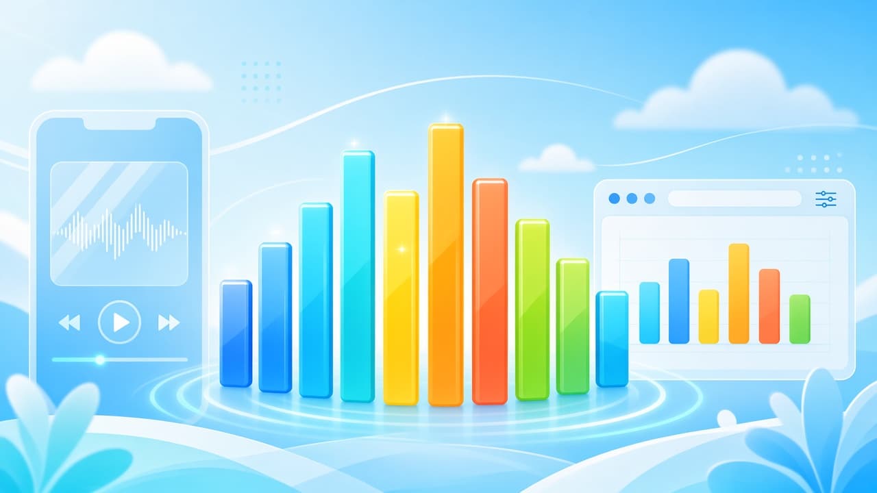 Bright vivid equalizer bars bridging a phone music player and a Chrome browser window