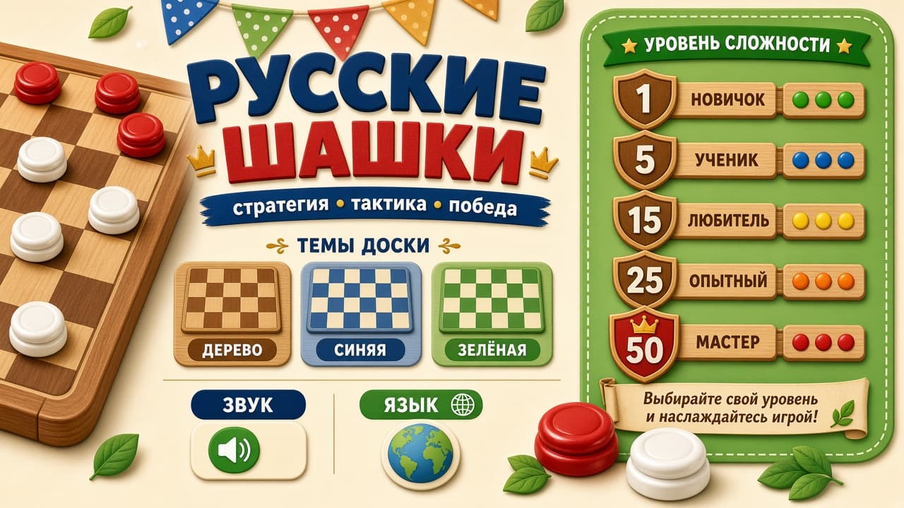 Russian Draughts board themes, sound, languages, and difficulty levels