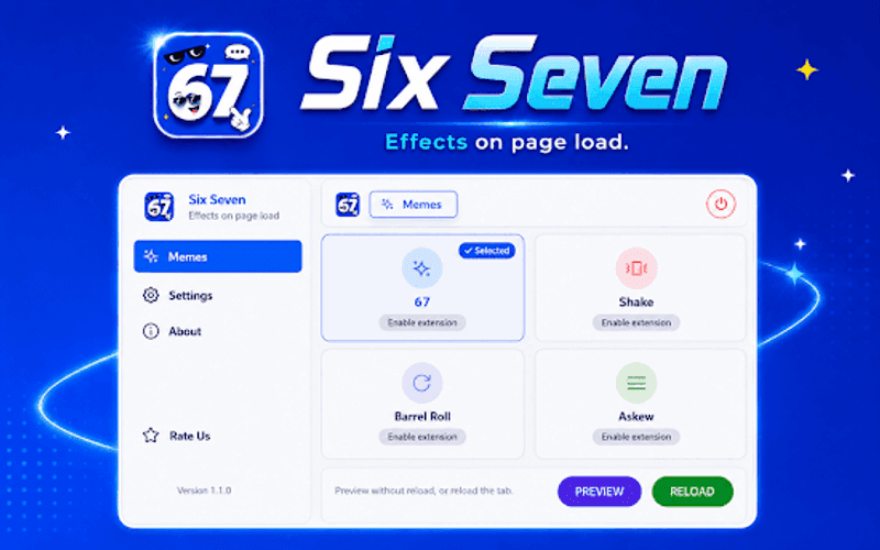 Six Seven Memes tab with 6+7 Shake Barrel Roll and Askew effect selection cards