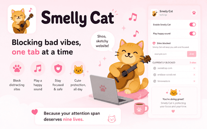 Smelly Cat promotional banner blocking bad vibes one tab at a time with enable and sound toggles