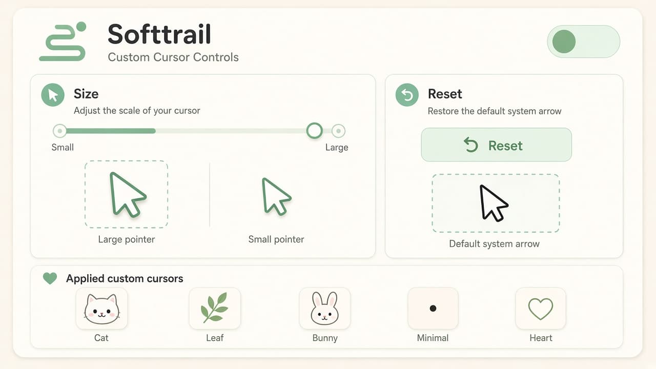 Softtrail size slider and reset control for custom mouse cursors