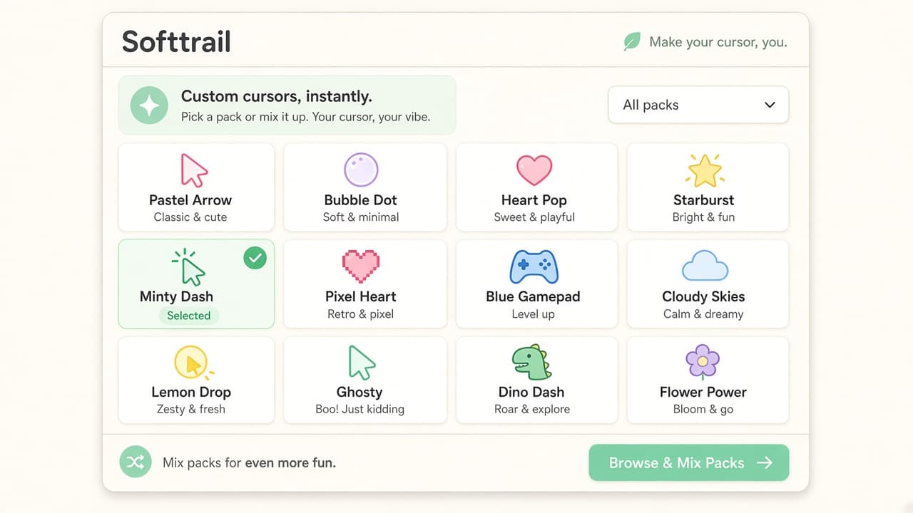 Softtrail popup gallery of cute, minimal, and playful custom cursor packs