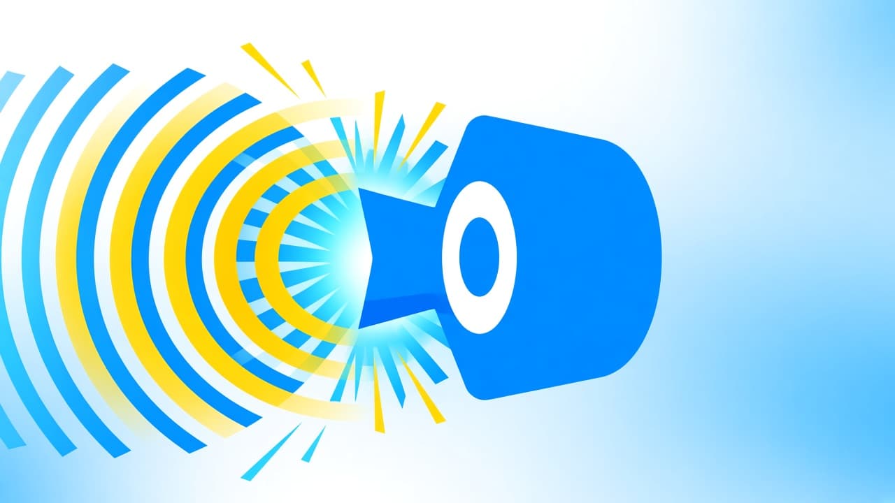 Bright Chrome-blue speaker with vivid sound waves illustrating a sound booster for browser audio
