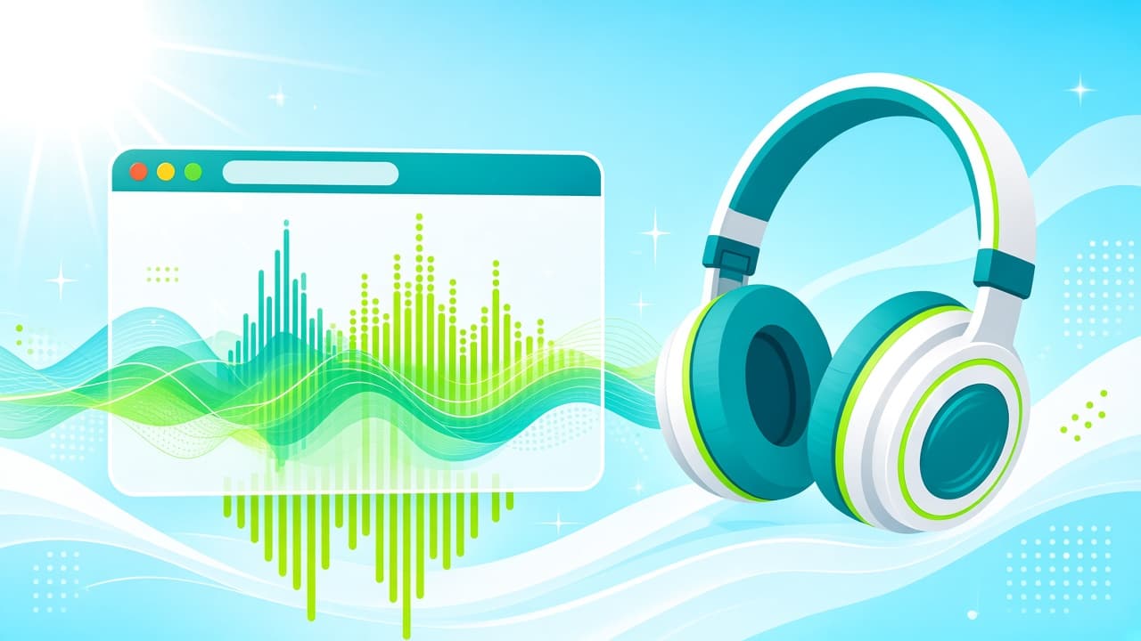 Bright lime-green bass waveform and headphones over a Chrome music player window