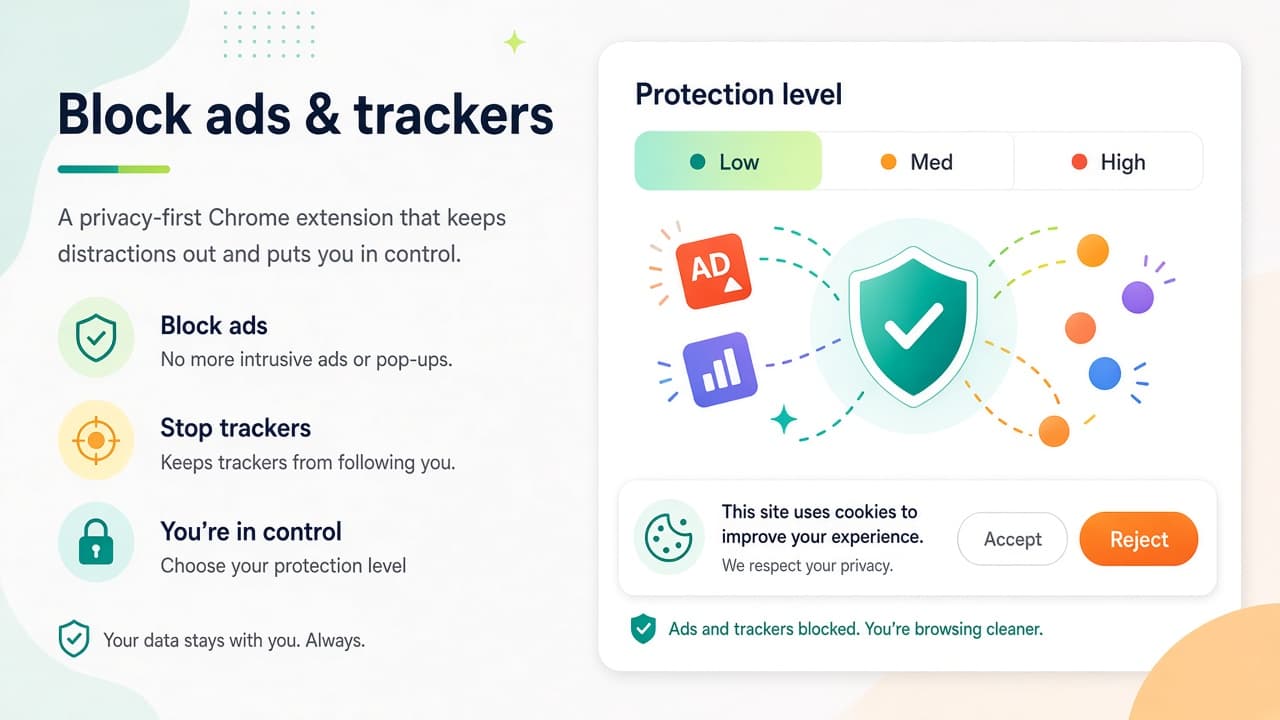 Ad and tracker blocker with Low Med High protection levels