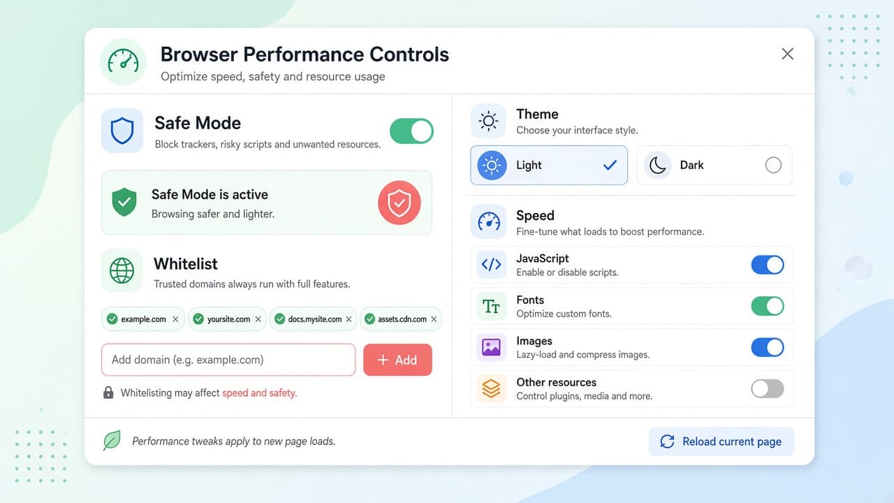 Safe Mode, domain whitelist, and speed controls popup
