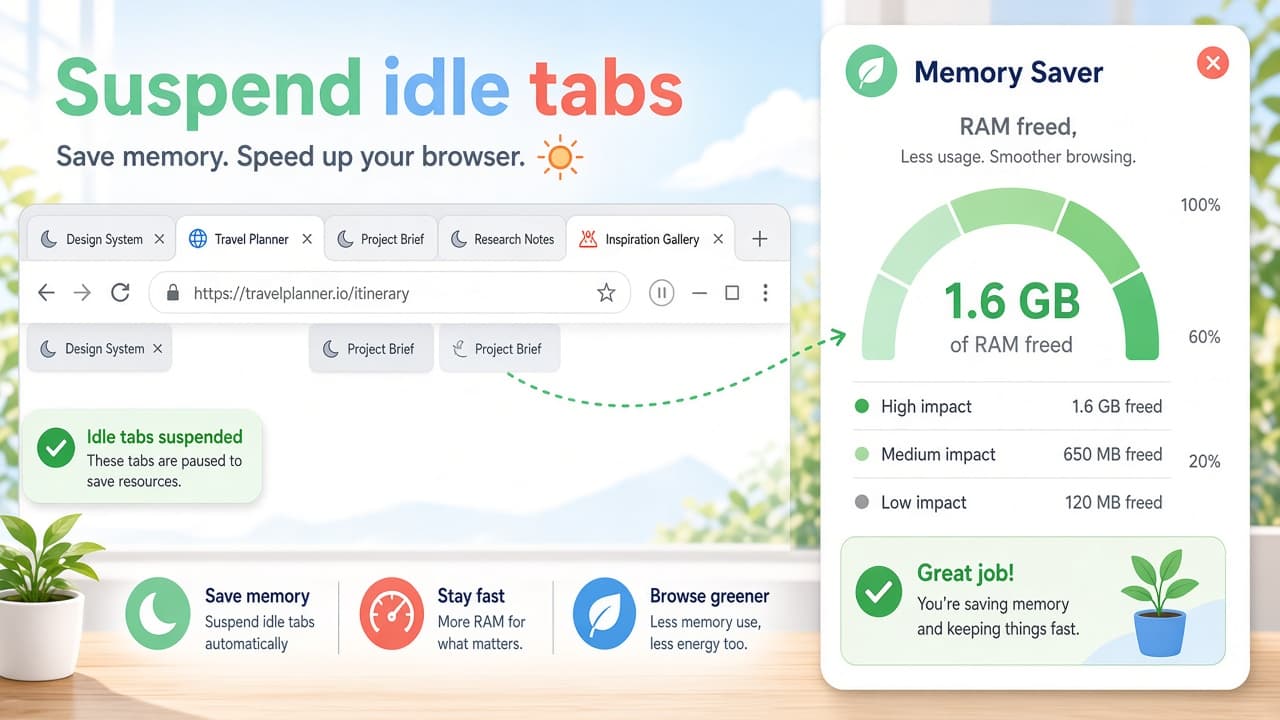 Tab Suspender promo showing idle tabs suspended and RAM freed