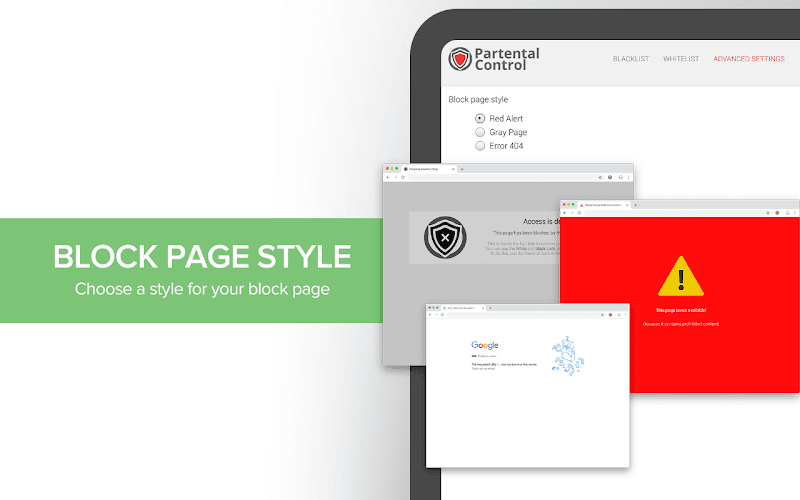 Extension options page with parental control toggles and site filters