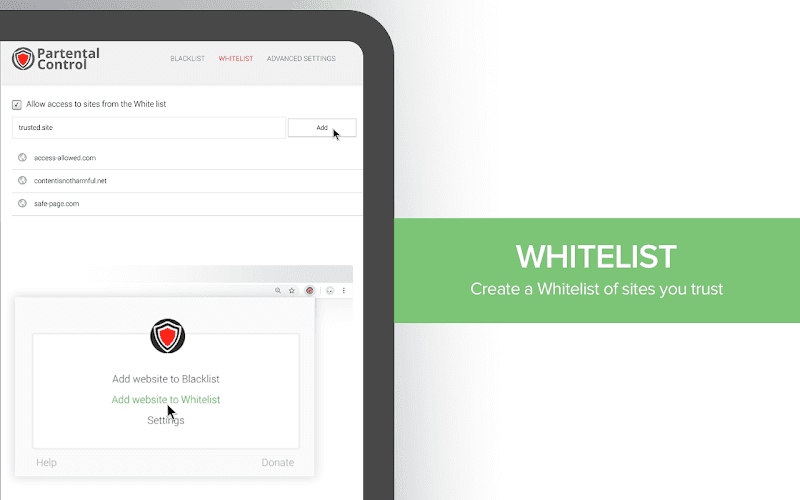 Blacklist settings screen for adding blocked websites in Parental Control
