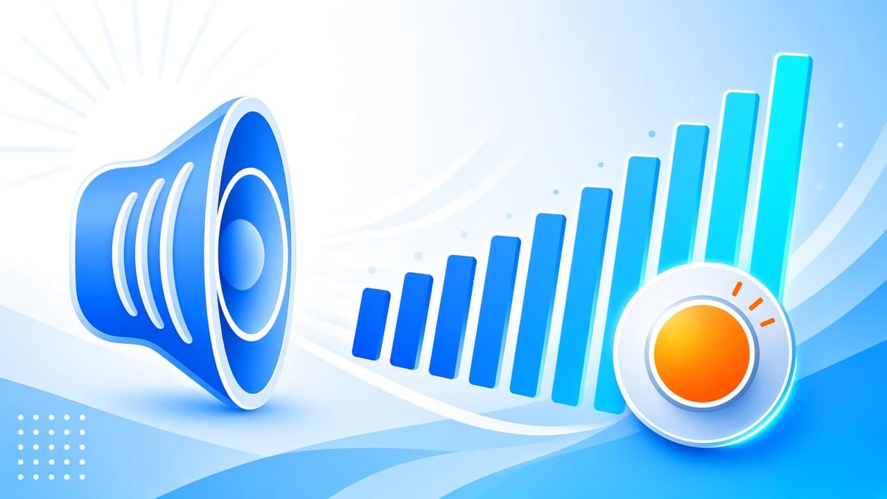 Bright volume booster cover with chrome-blue speaker, vivid volume meter bars, and a glowing dial