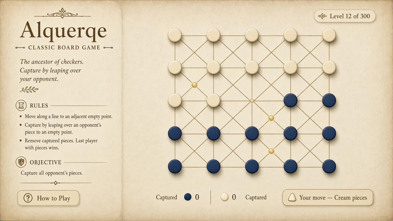 Alquerque 5x5 point lattice board with cream and navy pieces in Chrome popup