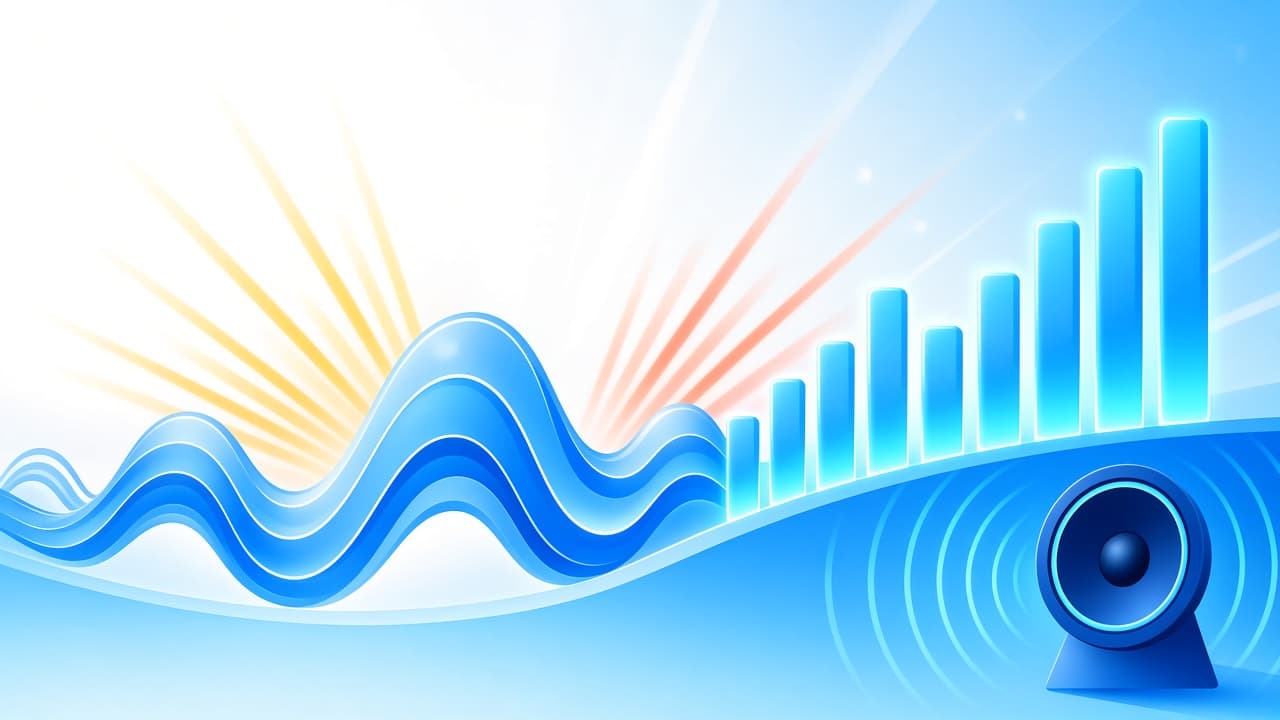 Bright chrome-blue Bass Booster Pro waveform and equalizer bars on a vivid sky background