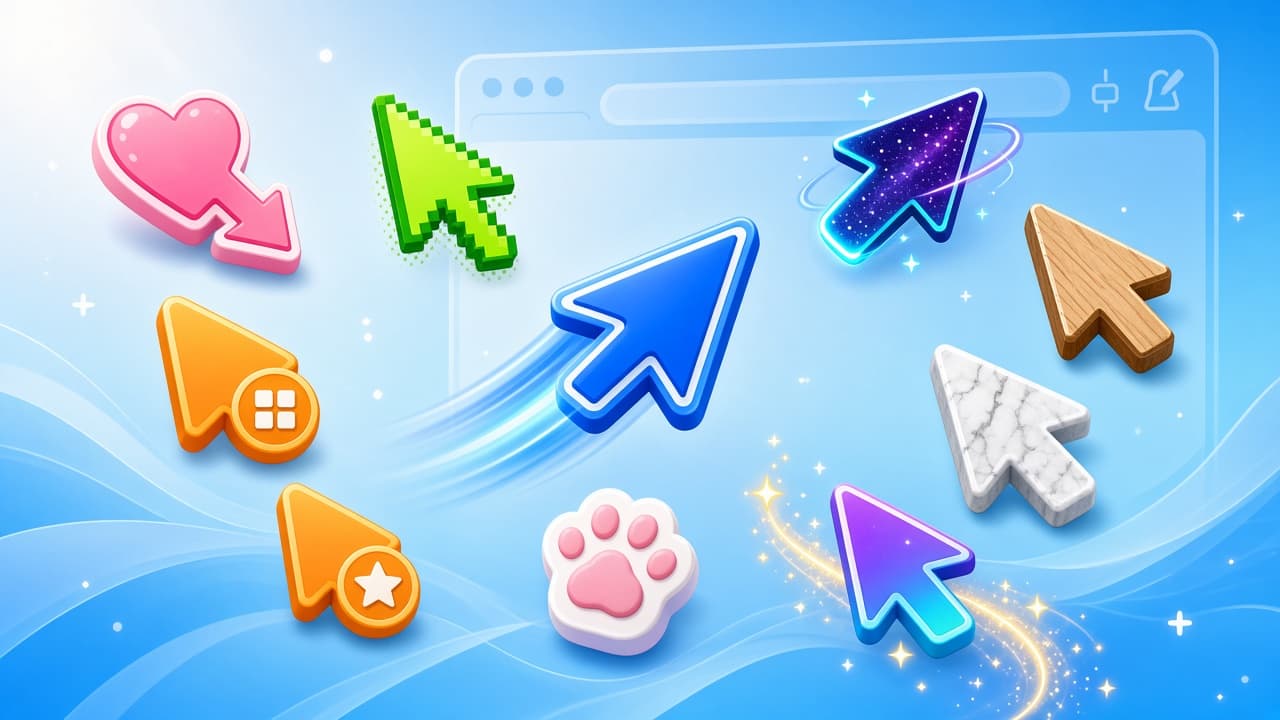 Bright collage of original custom mouse cursors and Chrome-style browser vibes for a best mouse cursor extensions roundup