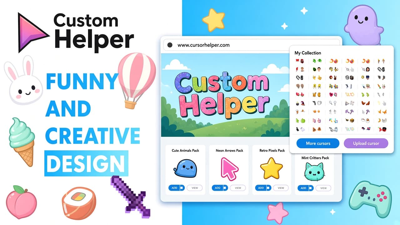 Bright Cursor Helper promo with cyan headline, pastel floating icons, browser mockup, and colorful custom cursor packs