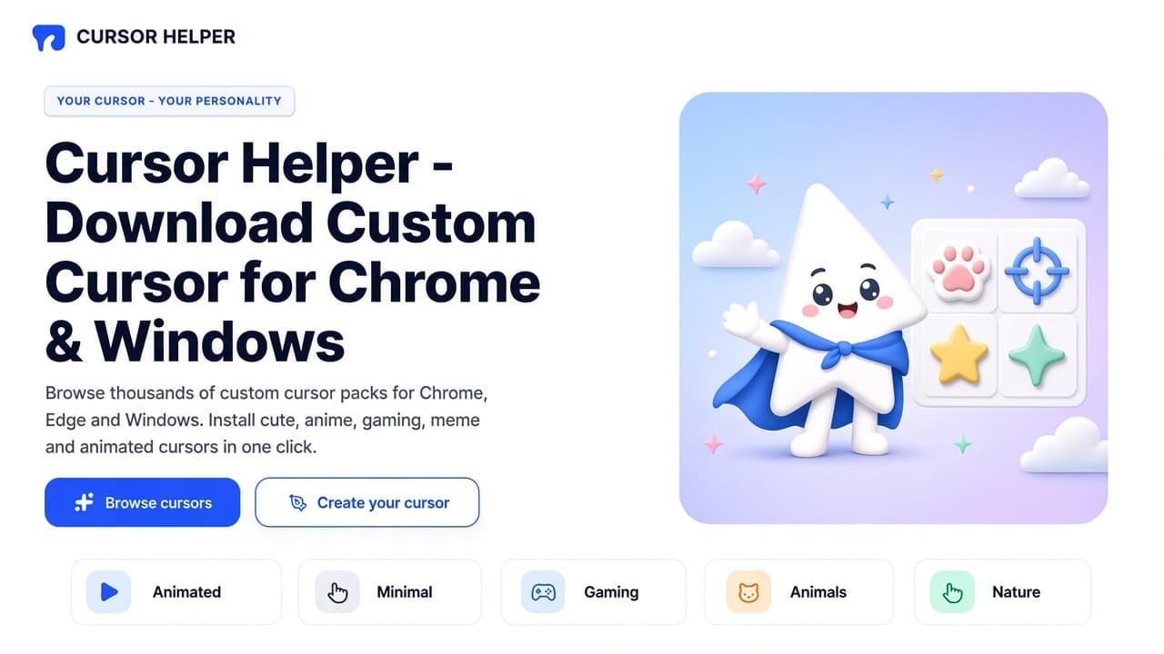 Cursor Helper homepage-inspired cover with the white cape pointer mascot, Browse and Create buttons, and category chips
