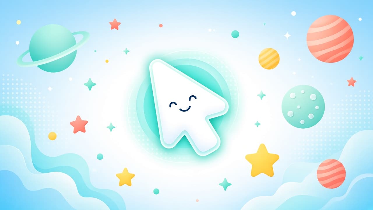Bright space-themed cover with a glowing custom mouse cursor among soft stars and planets on a sky-blue white background