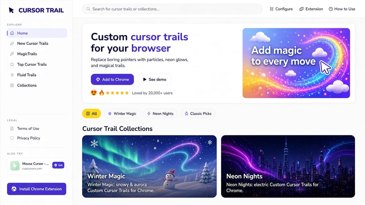 Cursor Trail homepage-inspired cover: hero Custom cursor trails for your browser, Add to Chrome, Winter Magic and Neon Nights collection cards