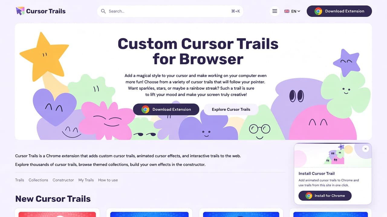 Cursor Trails homepage-inspired cover: pastel flower faces, yellow star, Download Extension and Explore Cursor Trails buttons