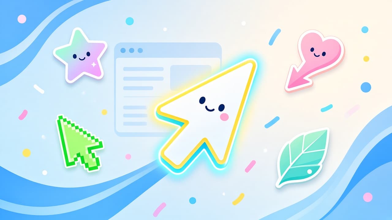 Bright Custom Cursor App cover with colorful original mouse cursors over a soft Chrome-blue browser scene