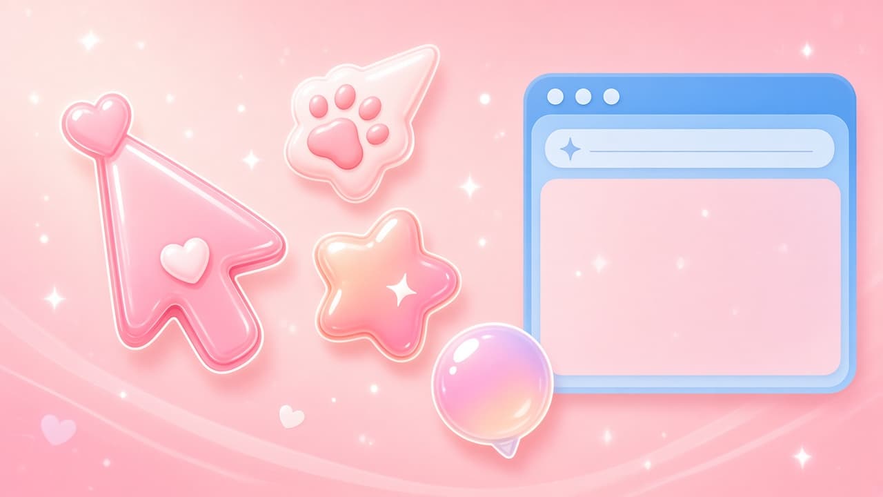 Bright pink cute custom cursor cover with floating original heart, paw, star, and gradient cursors around a soft browser frame
