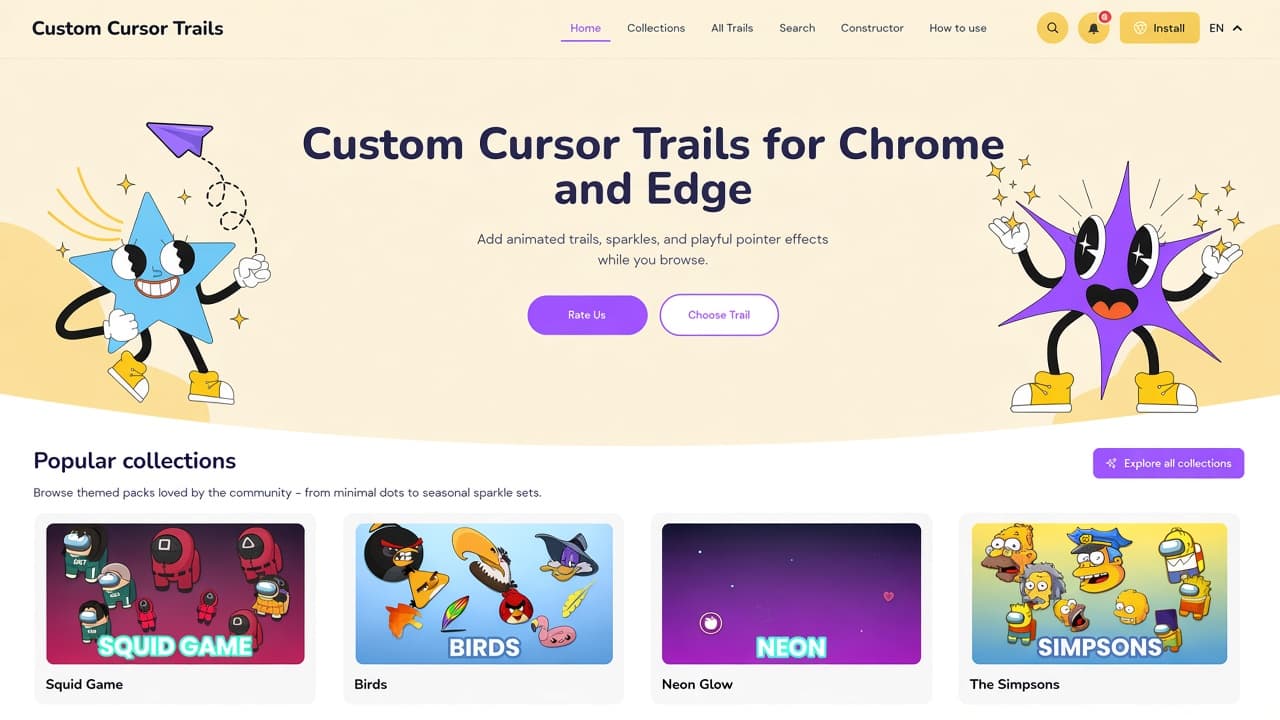 Custom Cursor Trails homepage with blue star and purple spark mascots, Rate Us and Choose Trail, plus themed collection cards