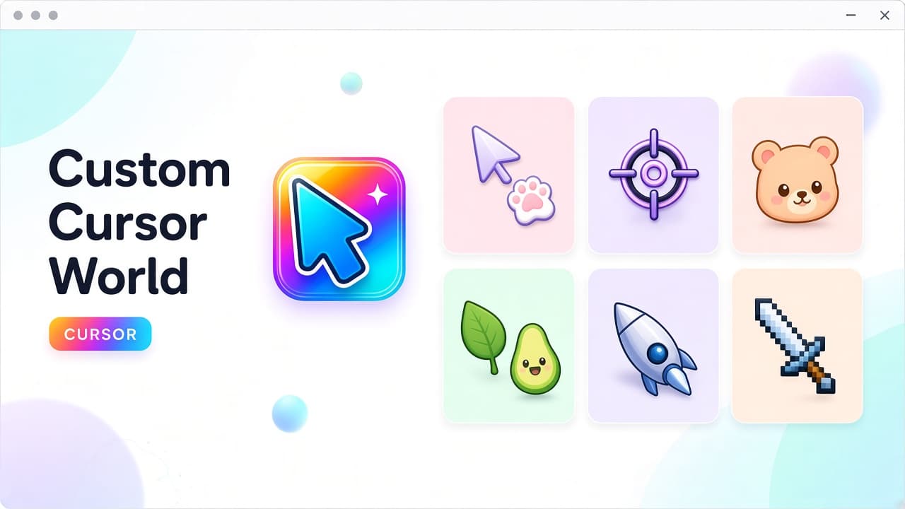 Bright Custom Cursor World cover with a glossy rainbow cursor icon and colorful original theme motifs on a clean white soft-UI background