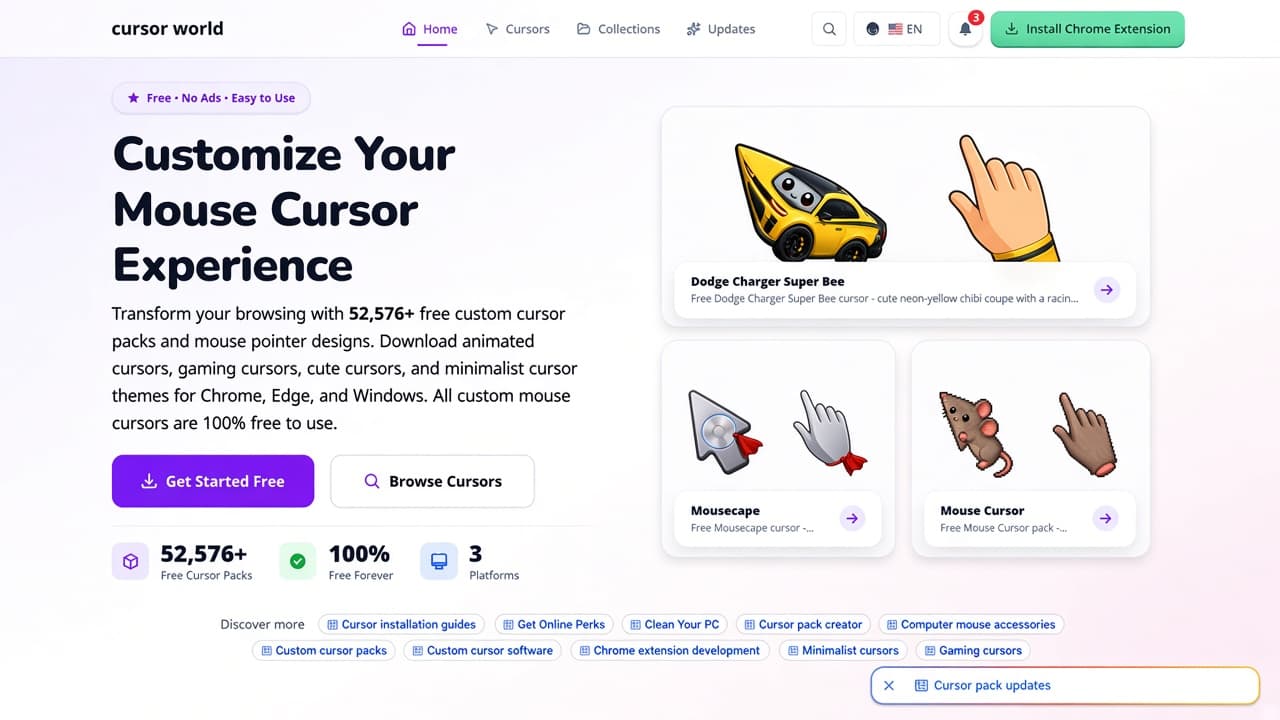 Custom Cursor World homepage hero: Customize Your Mouse Cursor Experience, 52,576+ packs, Get Started Free, Dodge Charger Super Bee Mousecape and Mouse Cursor cards