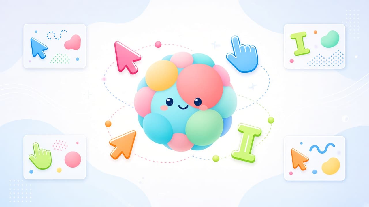 Bright Custom Cursors Planet cover with a pastel planet and colorful original mouse cursors orbiting on a soft chrome-blue background