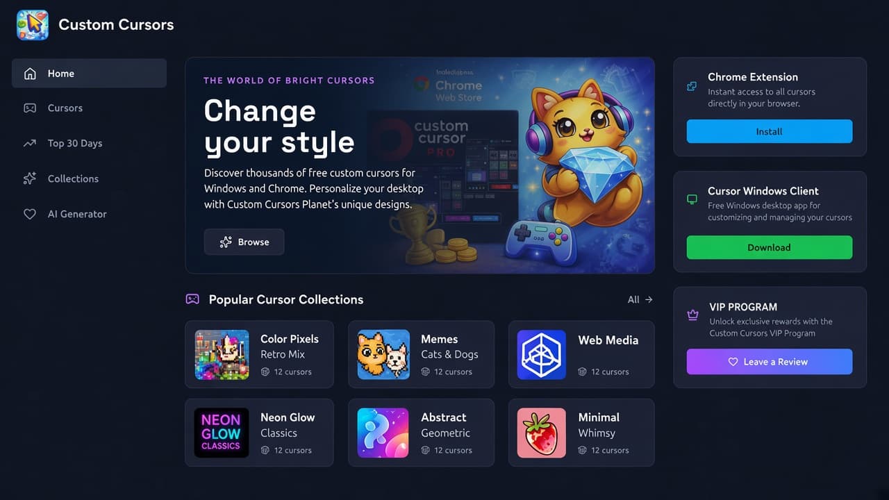 Custom Cursors Planet homepage: Change your style hero, headphone cat mascot, popular collection cards, Chrome Install and Windows Download