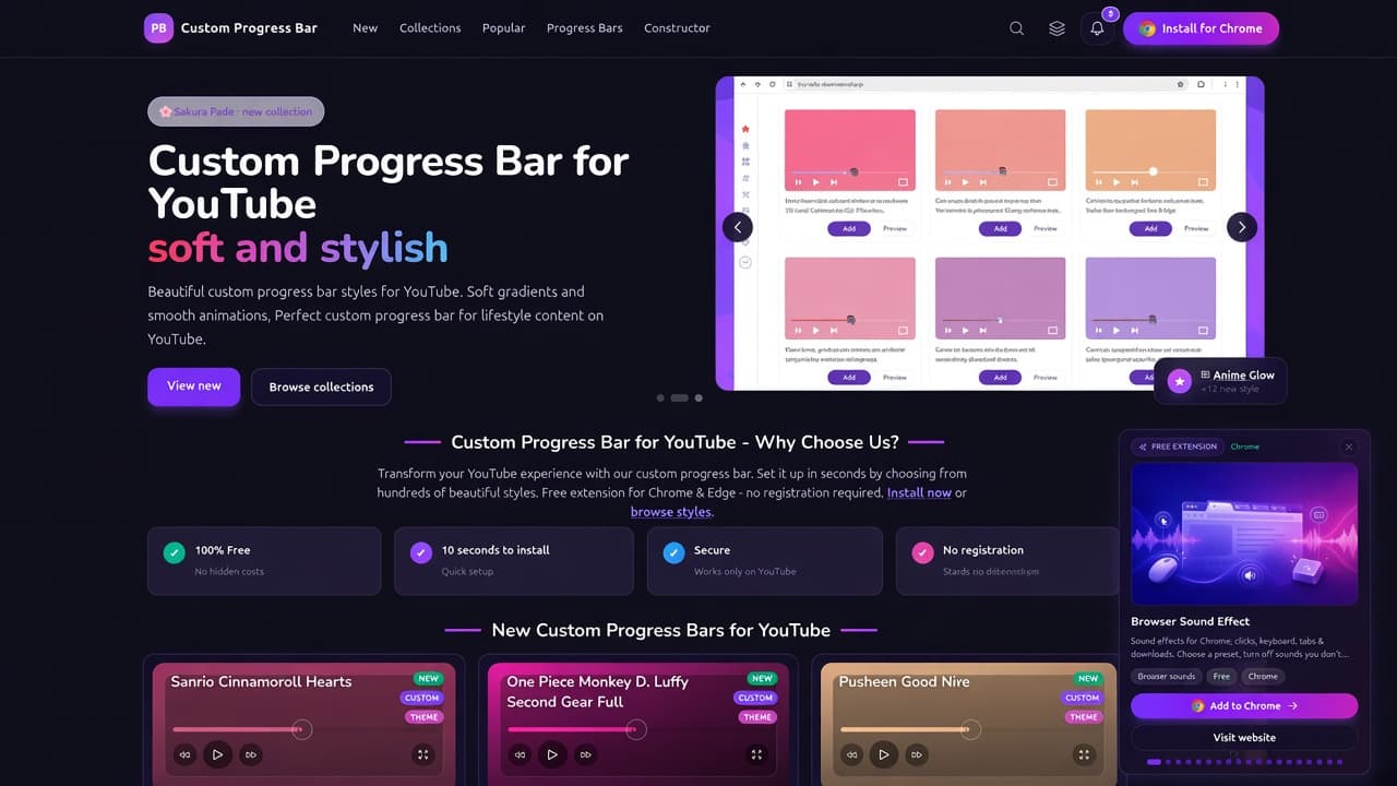 Custom Progress Bar homepage-inspired cover with PB logo, soft and stylish hero, theme cards, and Why Choose Us pills