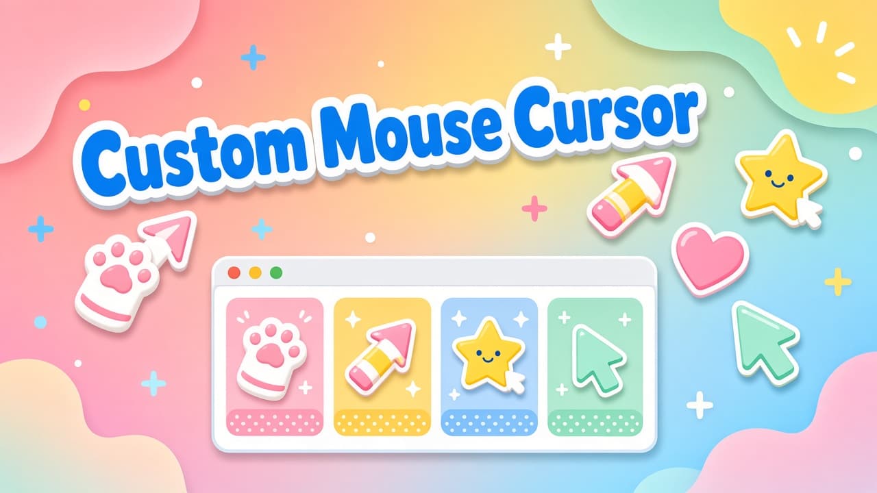 Bright Custom Mouse Cursor cover with pastel browser mockup and colorful original cursor pack icons