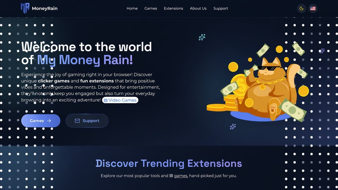 MyMoneyRain homepage hero with the golden sunglasses cat, coins, Games and Support buttons