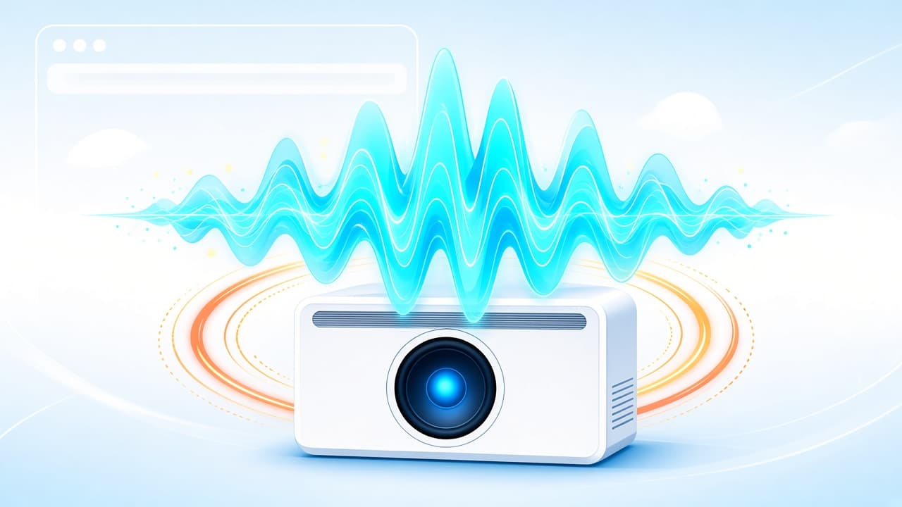 Bright chrome-blue bass waveform rising from a laptop speaker for a sound bass booster